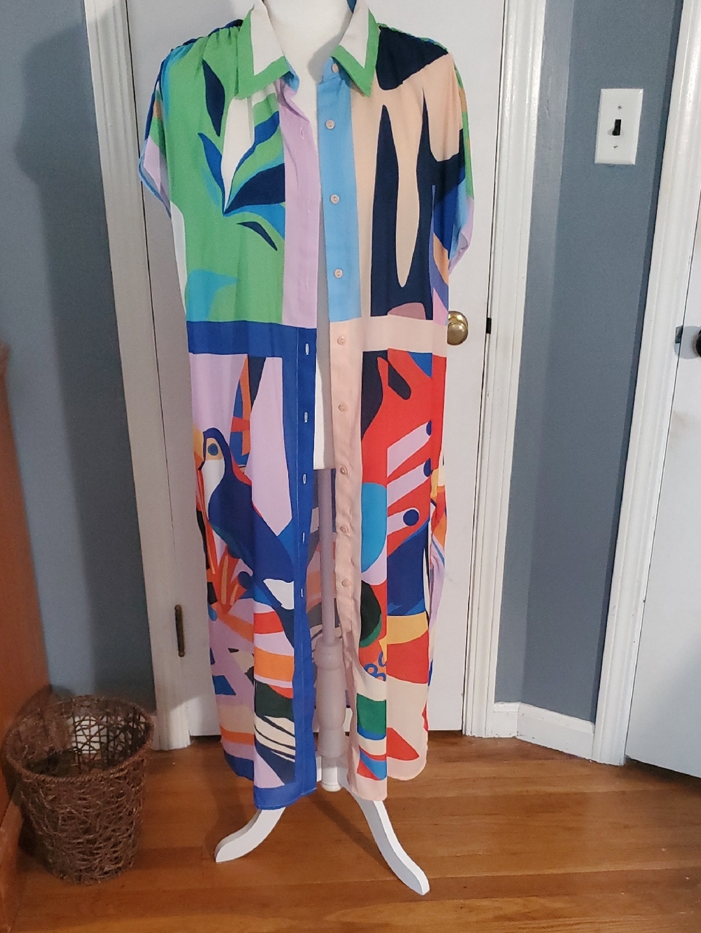 Colorful Tropical Print Button-Front Duster, Beach Cover-up Or Maxi Dress